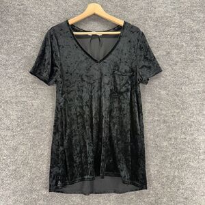 Spring & Mercer T-Shirt Women L Large Black Velvet V-Neck Short Sleeve Pockets